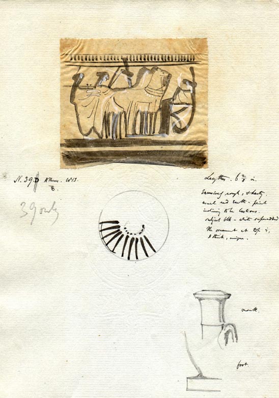(39) lekythos detail, horse-drawn chariot facing seated figure
